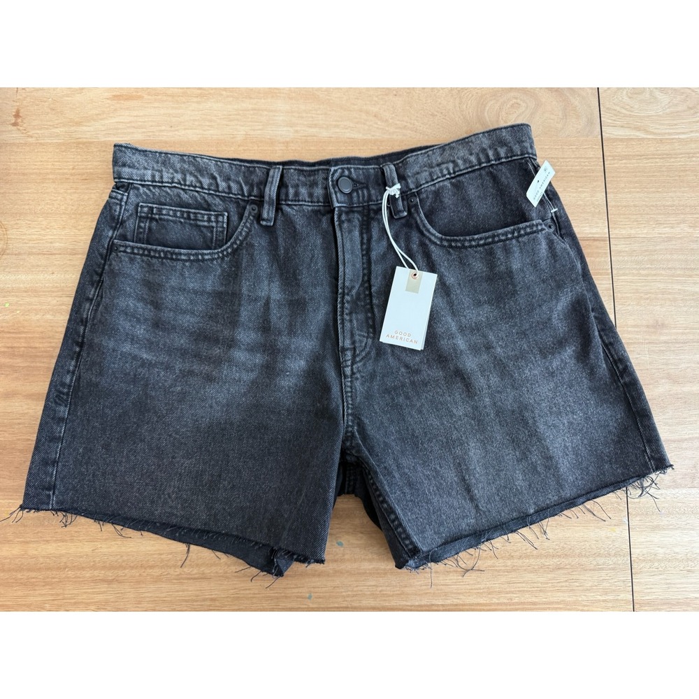 Good American Good Standard Long Shorts Black Denim Raw Hem 12/31